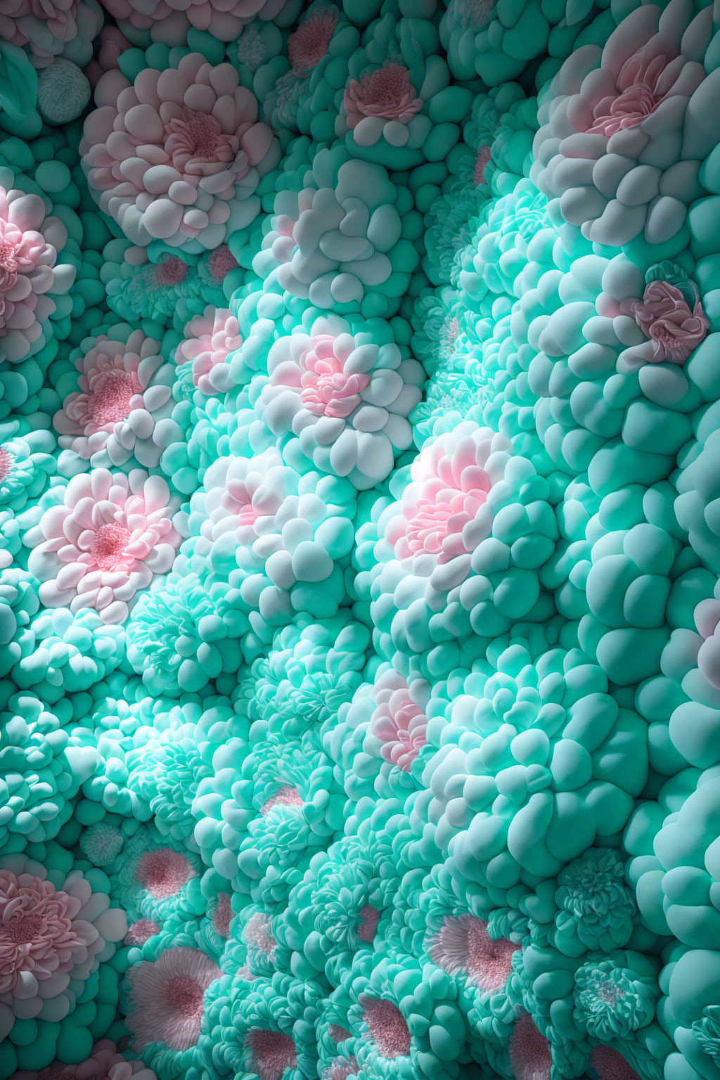 Pastel-Colored 3D Rendering of Organic Flower and Coral Shapes