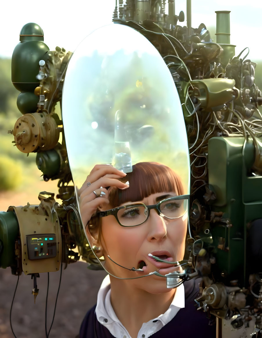 Woman with glasses using large lens-shaped glass in mechanical contraption outdoors