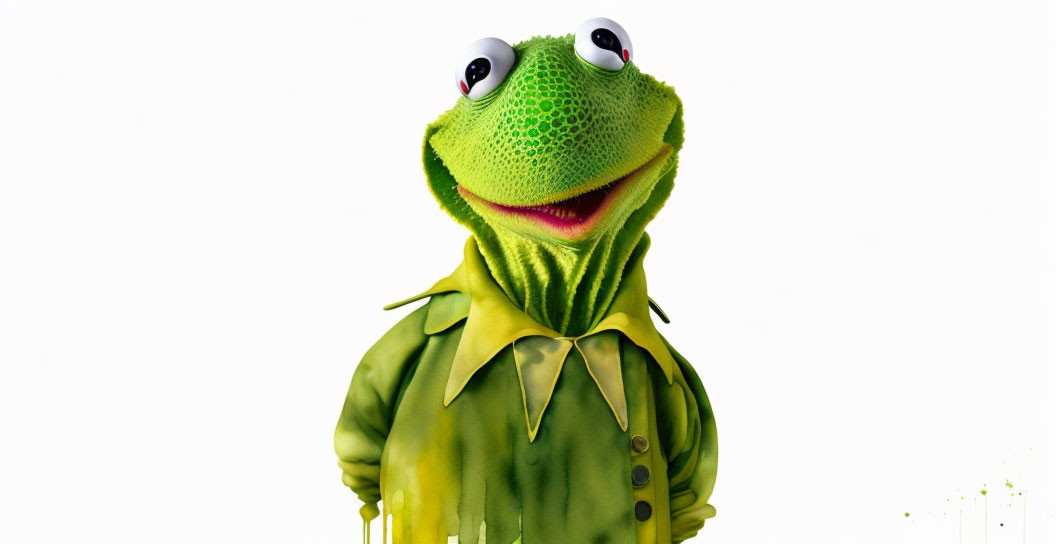 Colorful Smiling Frog Puppet with Green Jacket on White Background