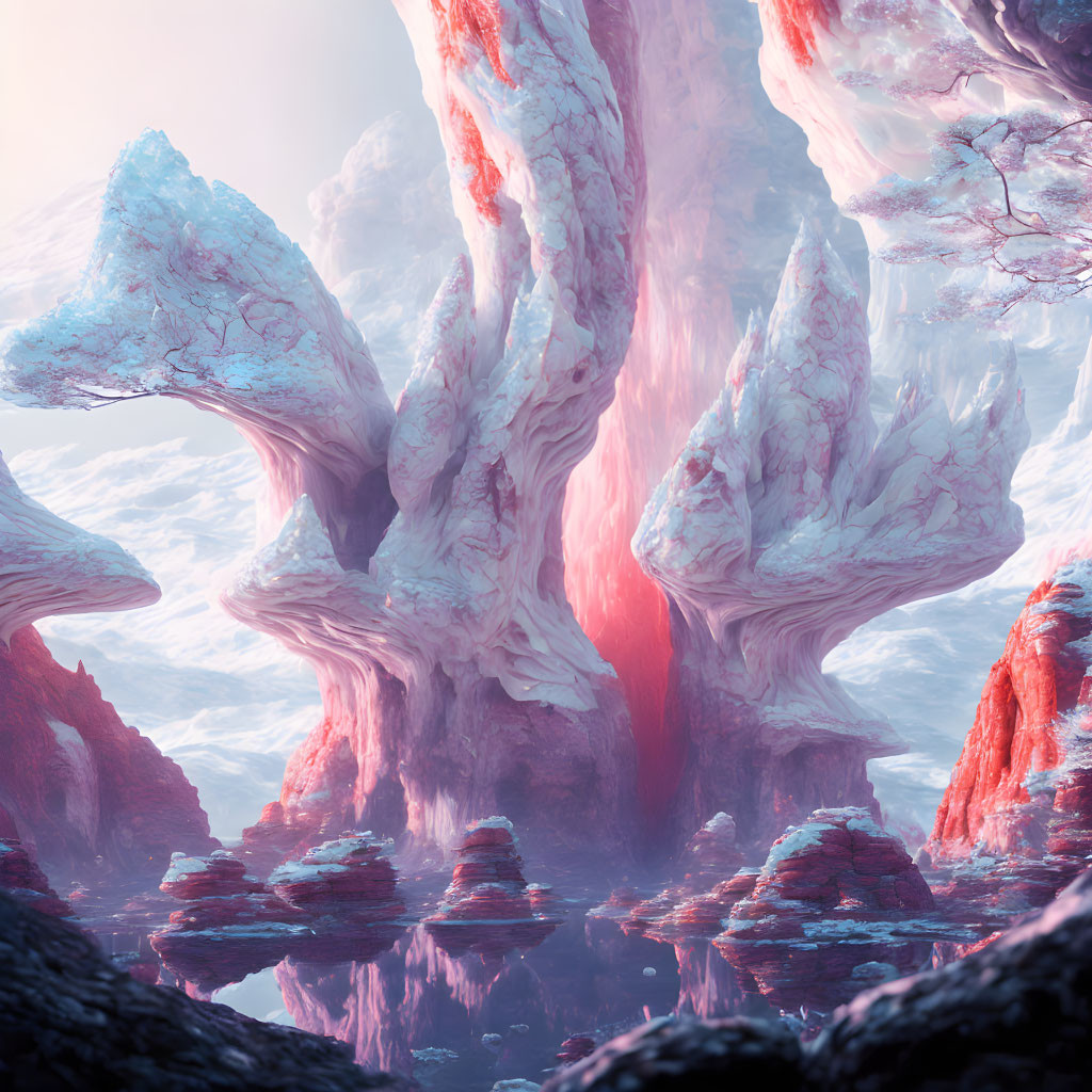 Fantastical landscape with towering rock formations and serene water.