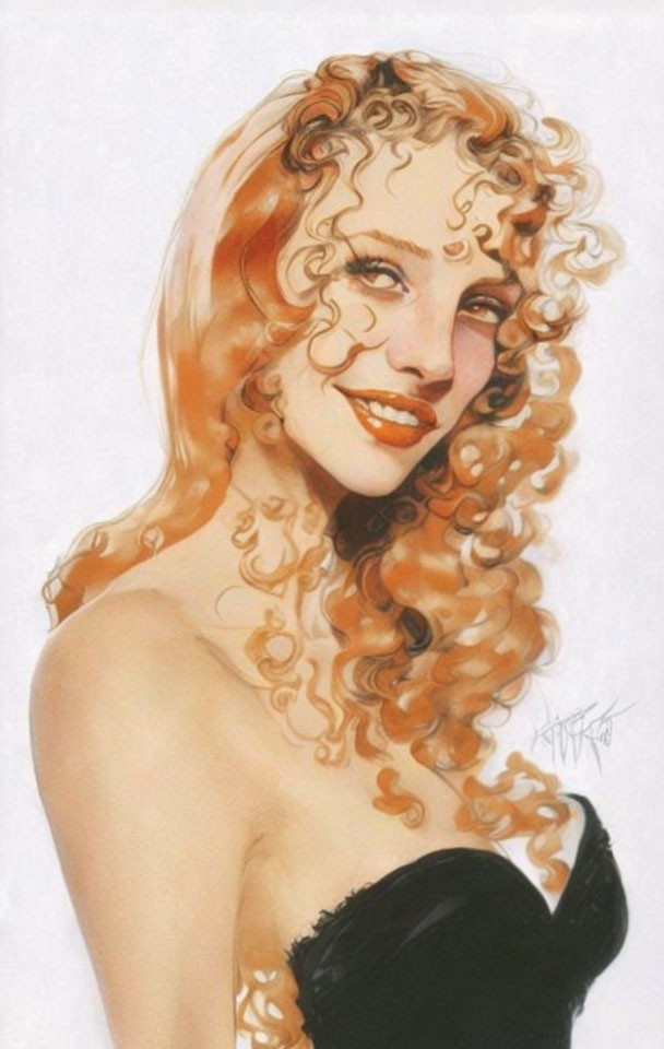 Blonde Woman in Black Dress Smiling Illustration