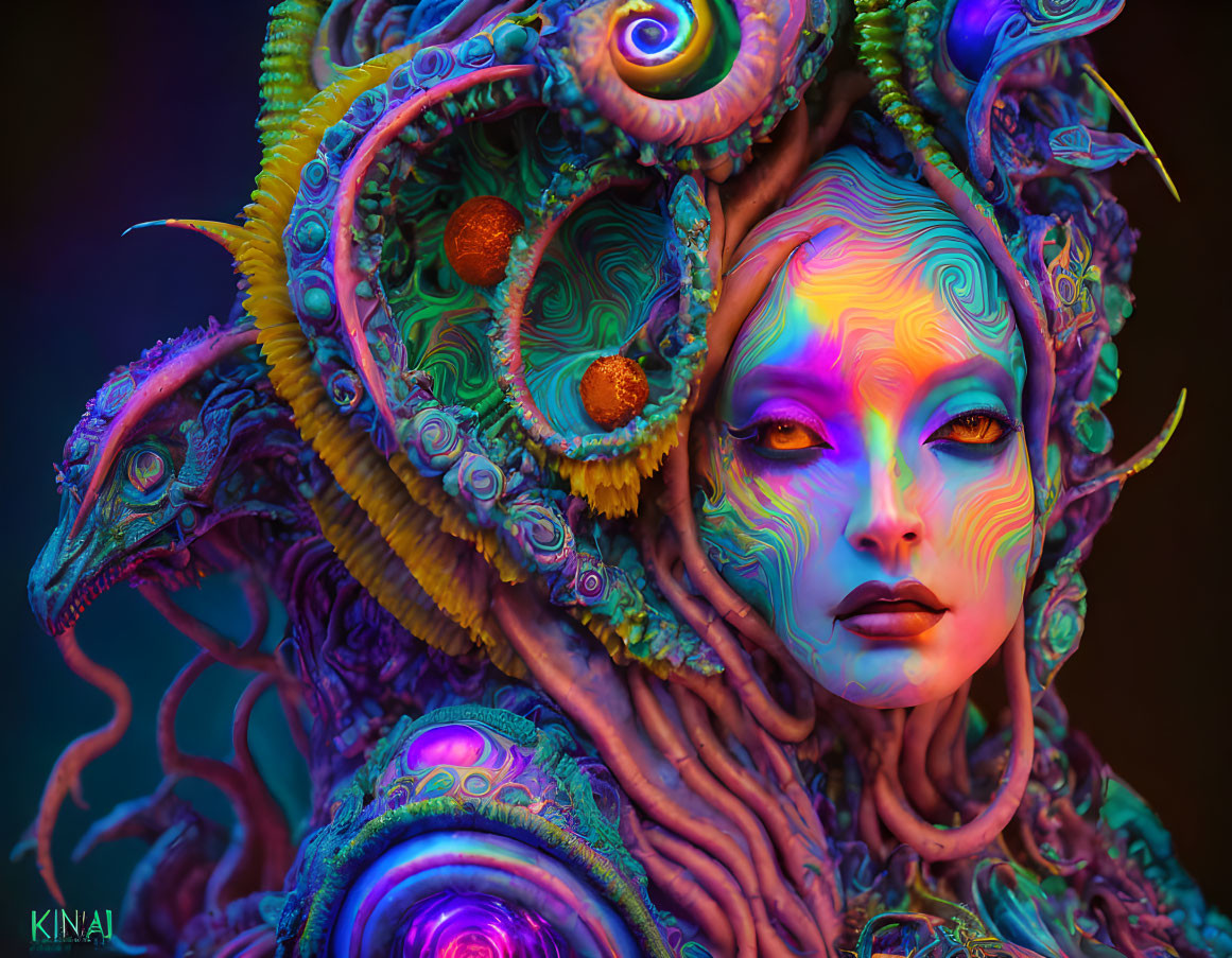 Colorful fantasy art: Female figure with tentacle-like adornments and reptilian companion