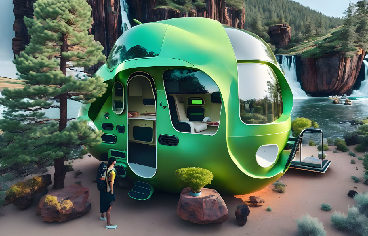 Futuristic green pod-shaped home in nature with waterfall and person