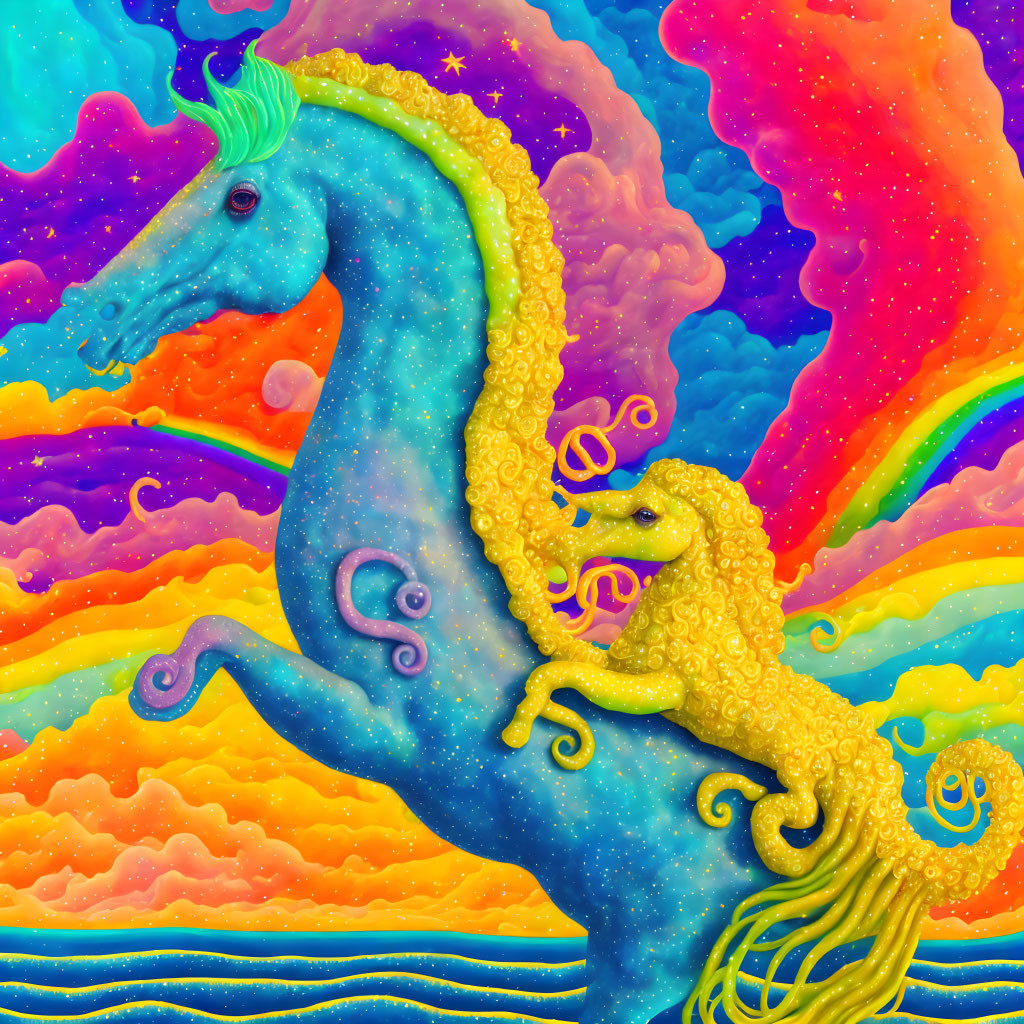 Colorful Digital Artwork: Whimsical Blue Seahorse on Psychedelic Rainbow Background