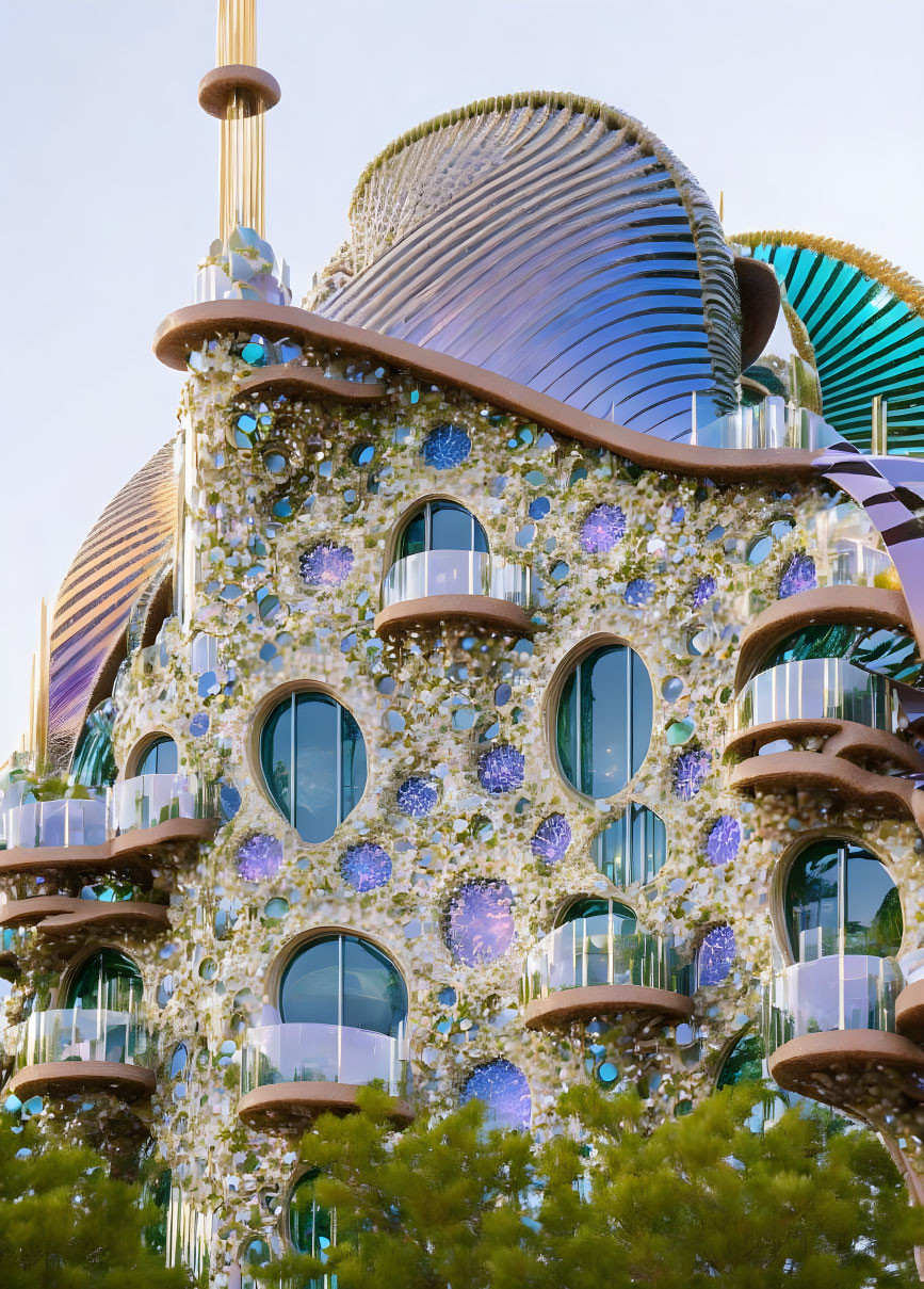 Whimsical modern building with vibrant mosaics and circular windows