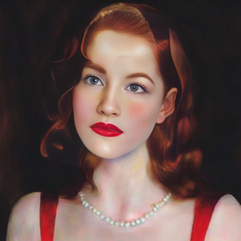 Portrait of woman with red hair, lipstick, and pearl necklace on dark background