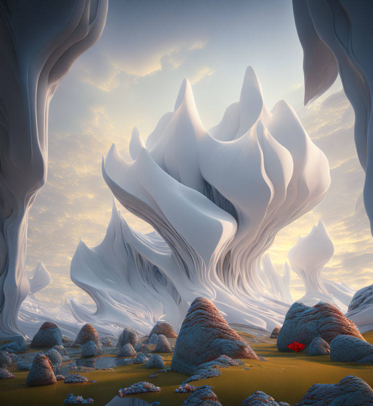Surreal white formations in a rocky landscape under soft-lit sky