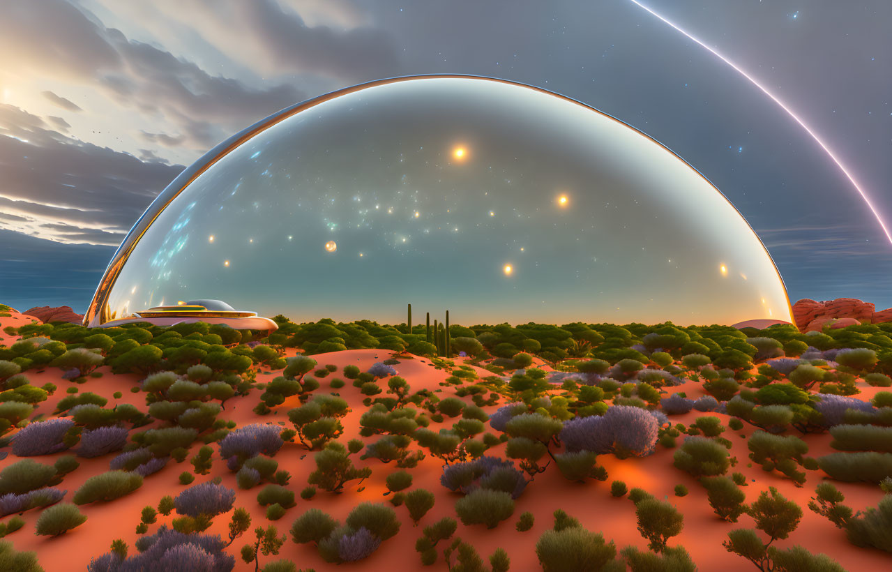 Futuristic dome structure in lush desert habitat under starry sky