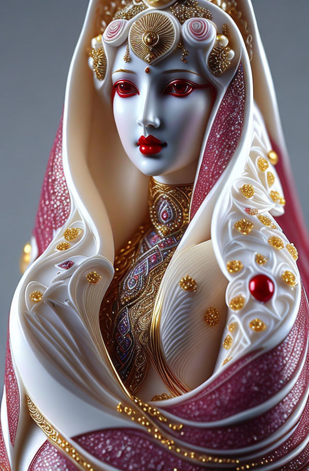 Stylized female figure with pale skin, golden jewelry, and elegant drapery