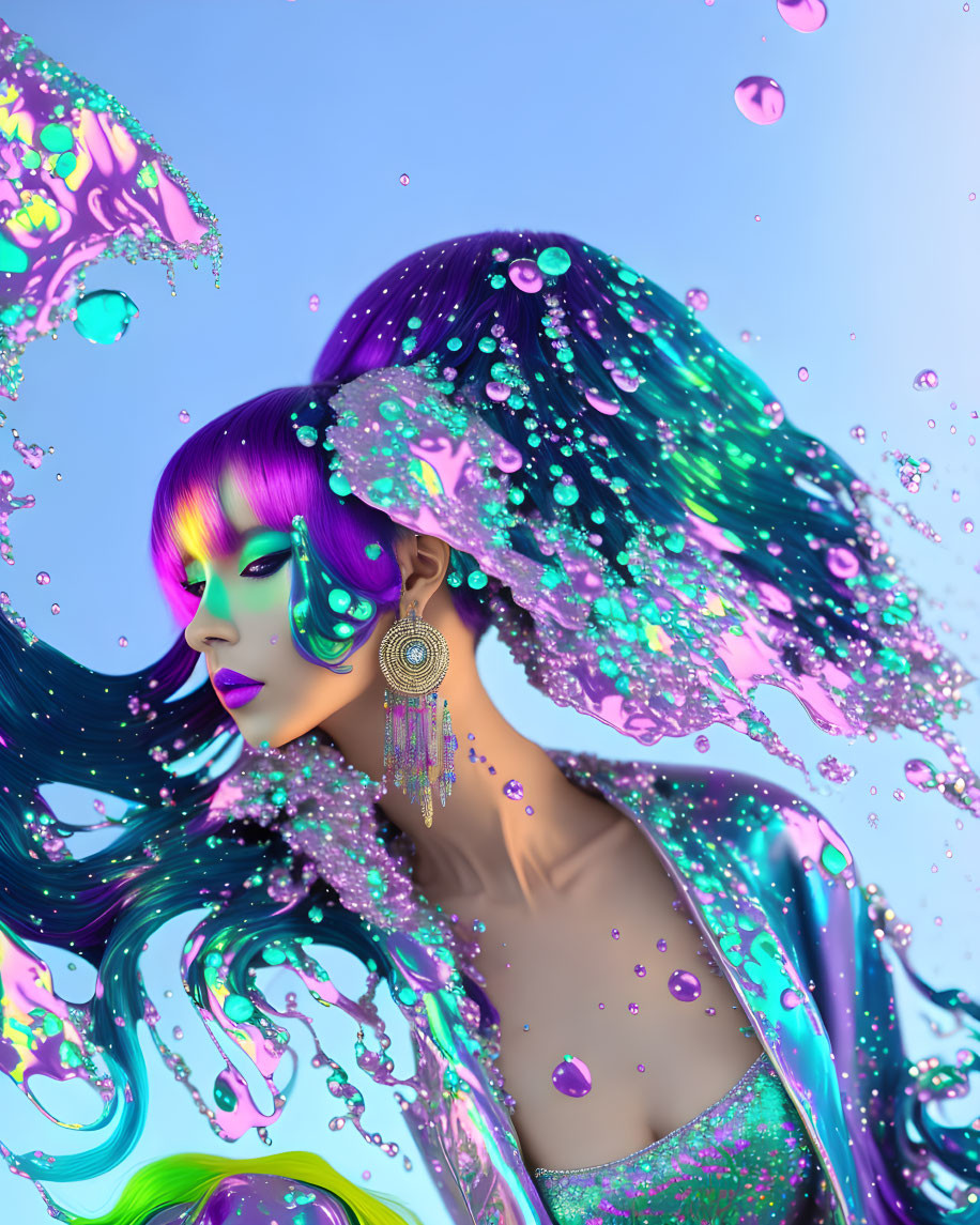 Vibrant Purple Hair Woman in Teal Liquid with Glitter Detail