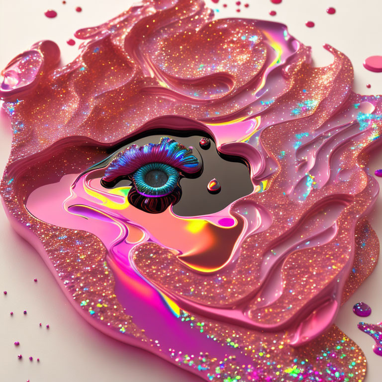 Colorful digital artwork: Pink fluid, glitter, surreal eye with peacock feather iris