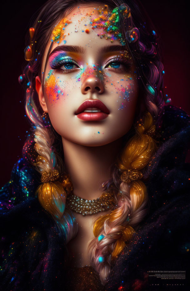 Colorful Glitter Makeup with Braided Hair and Fur Collar