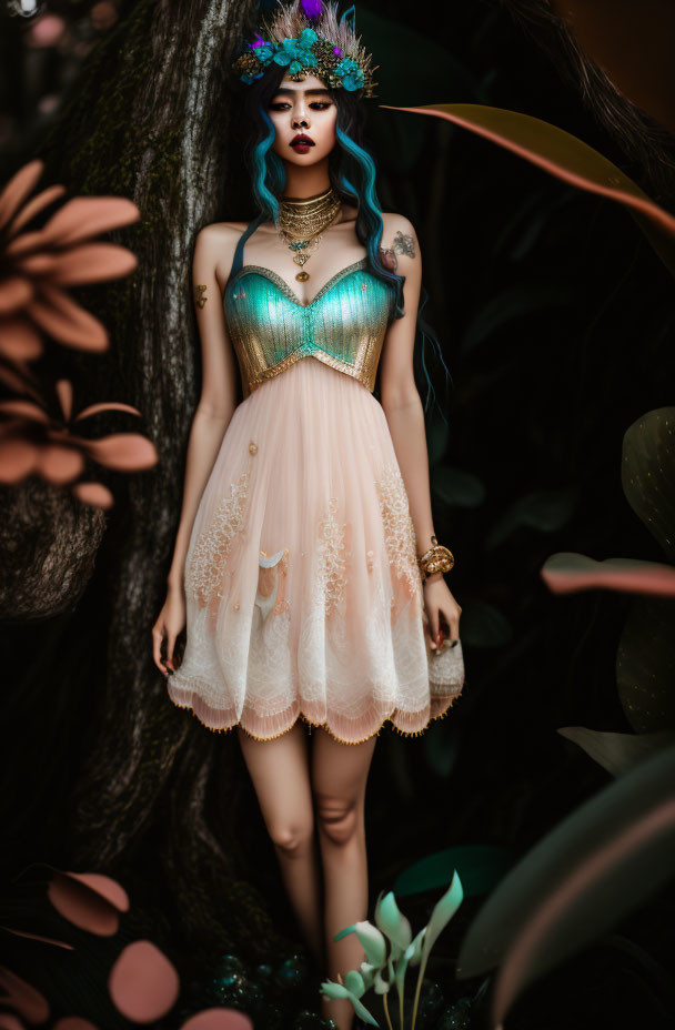 Blue-haired person in pastel dress with tattoos among lush foliage