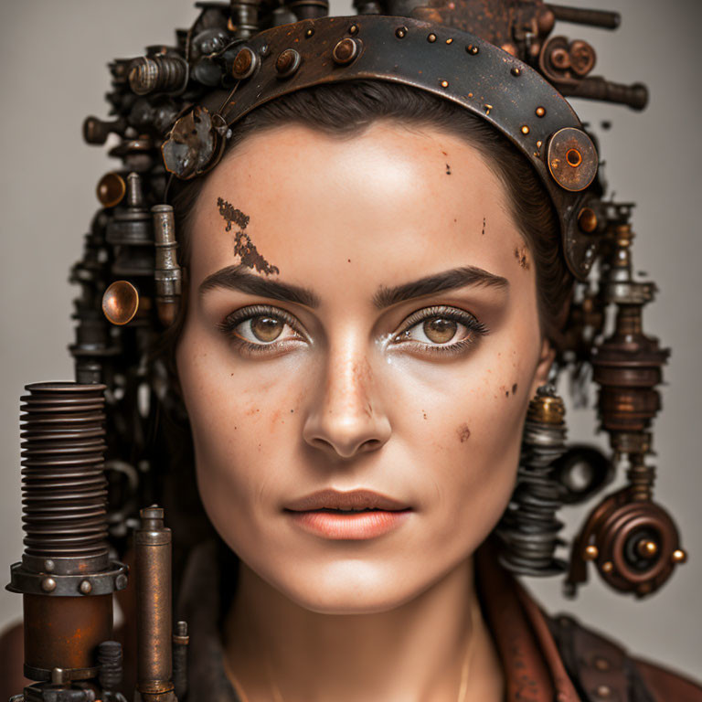 Steampunk-inspired portrait of a woman with metal gears and intense gaze