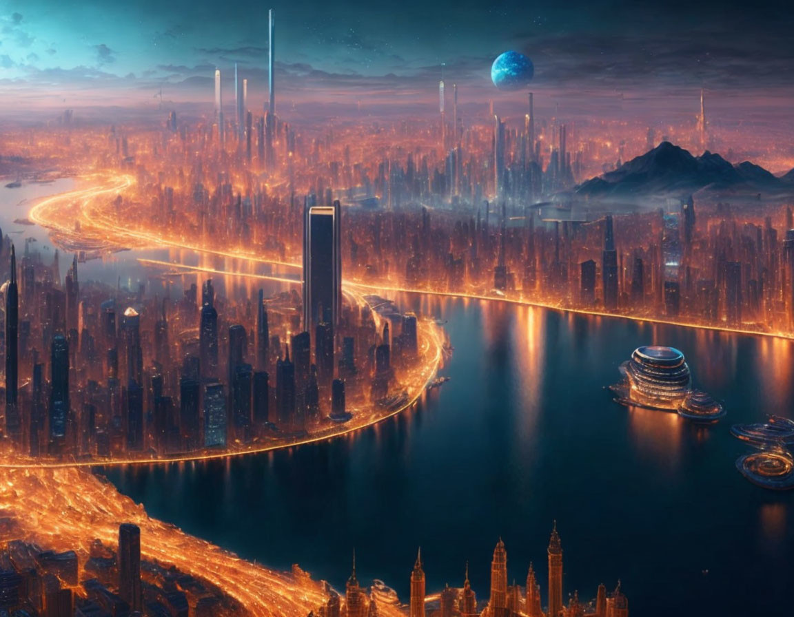 Futuristic cityscape at dusk with glowing traffic and towering skyscrapers