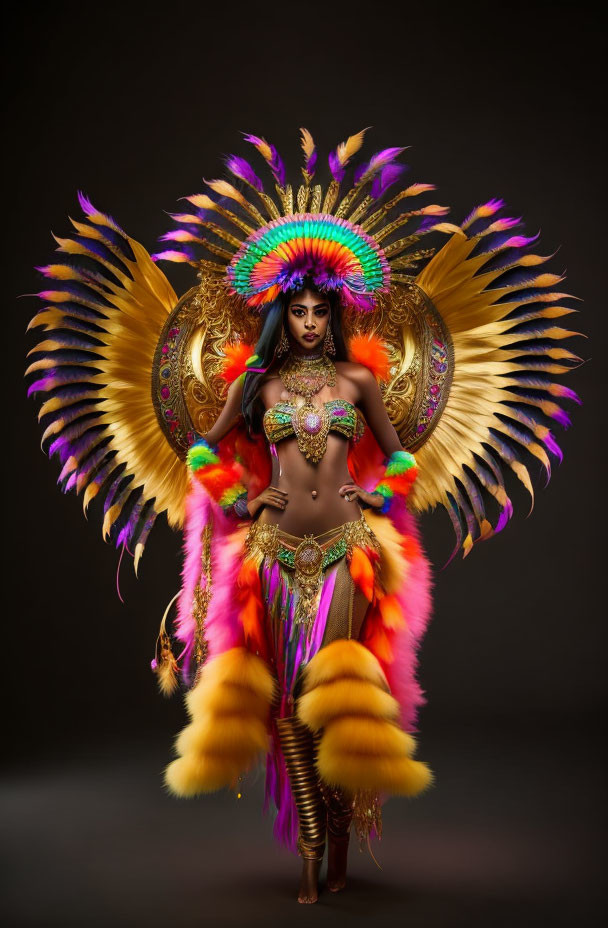 Elaborate Costume with Feathered Headdress and Wings in Vibrant Colors