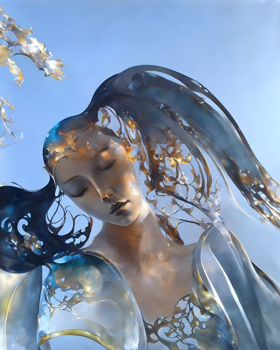 Serene female figure with ornate, translucent hair and clothing against clear blue sky