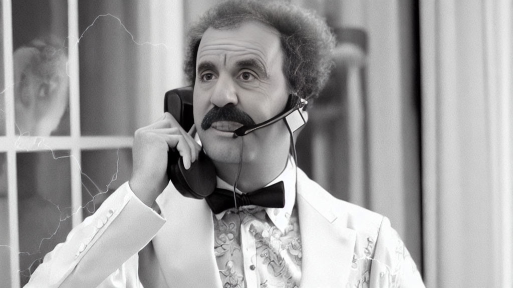 Man with Prominent Mustache in Bowtie Speaks on Telephone with Vintage Photo Effect