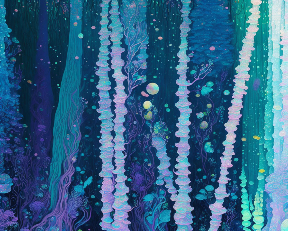 Colorful underwater scene with blue and purple shades, intricate coral formations, and rising bubbles.