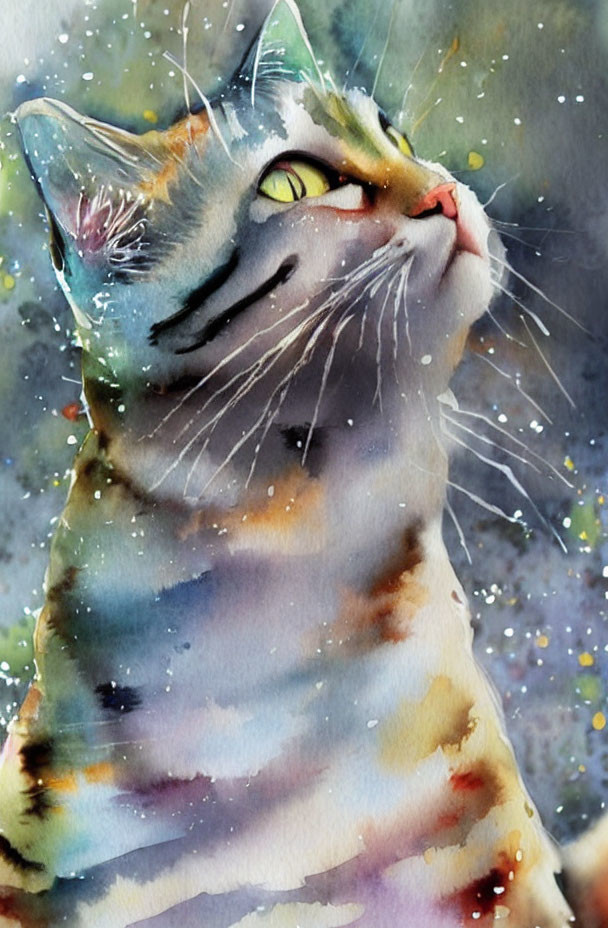 Cat Watercolor Painting with Multicolored Fur Pattern