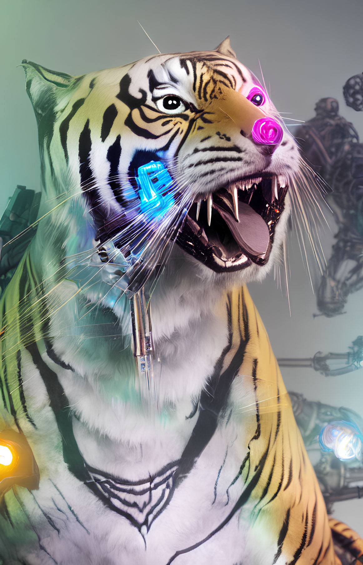 Roaring tiger head with cybernetic elements and neon lights on cool-toned background