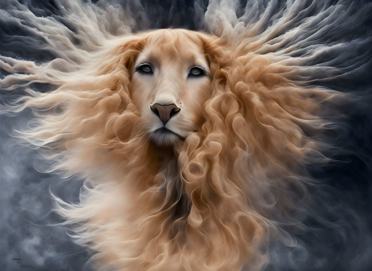 Surreal creature with dog face and lion's mane on gray background