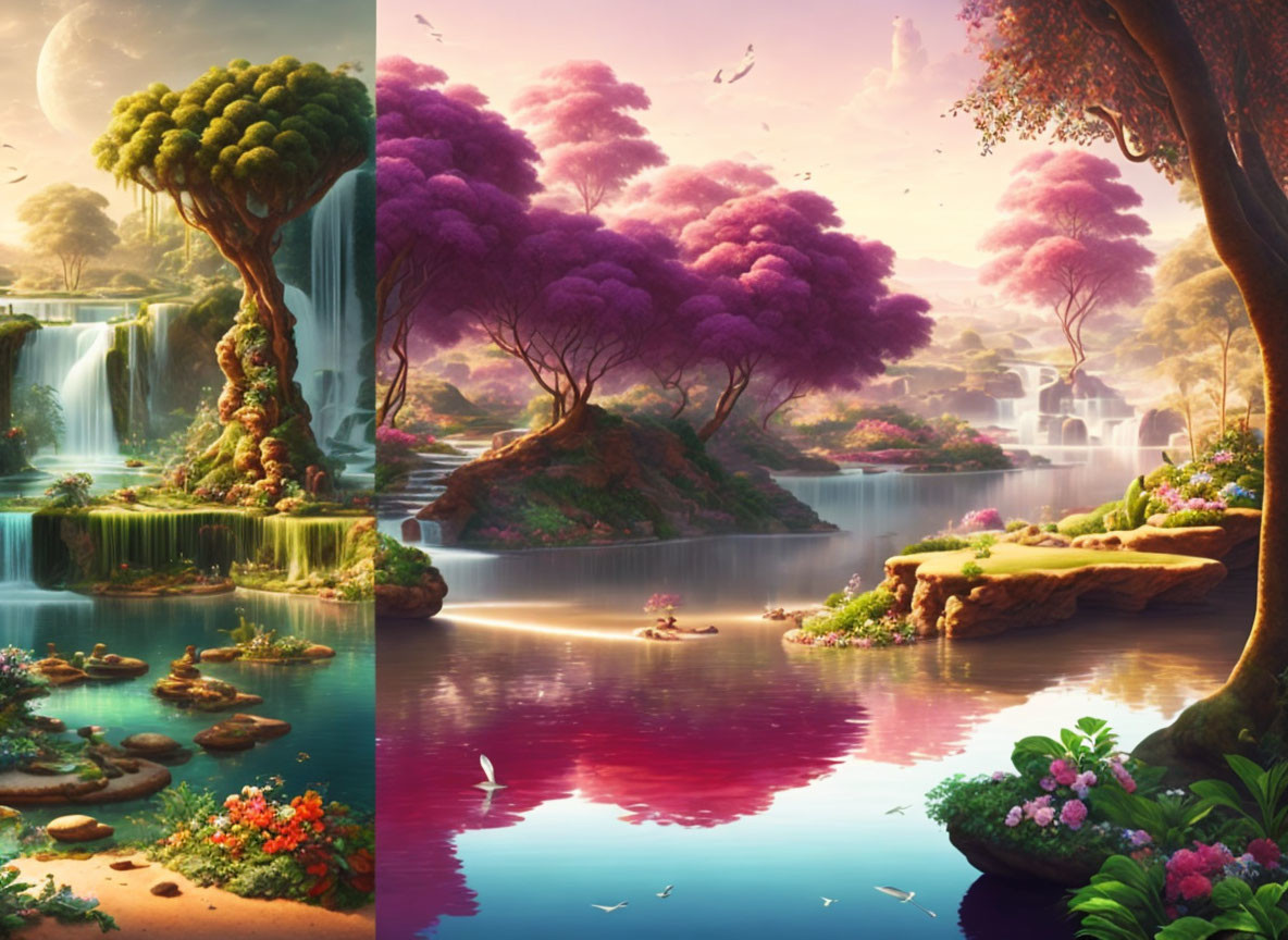 Vibrant fantasy landscape with trees, waterfalls, lake, and village