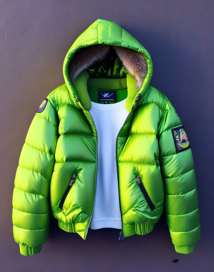 Vibrant Green Puffer Jacket with Fur-Lined Hood and Black Zippers