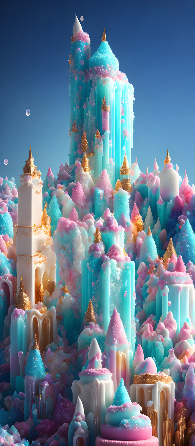 Fantastical landscape with cotton candy-like trees and icy blue towers