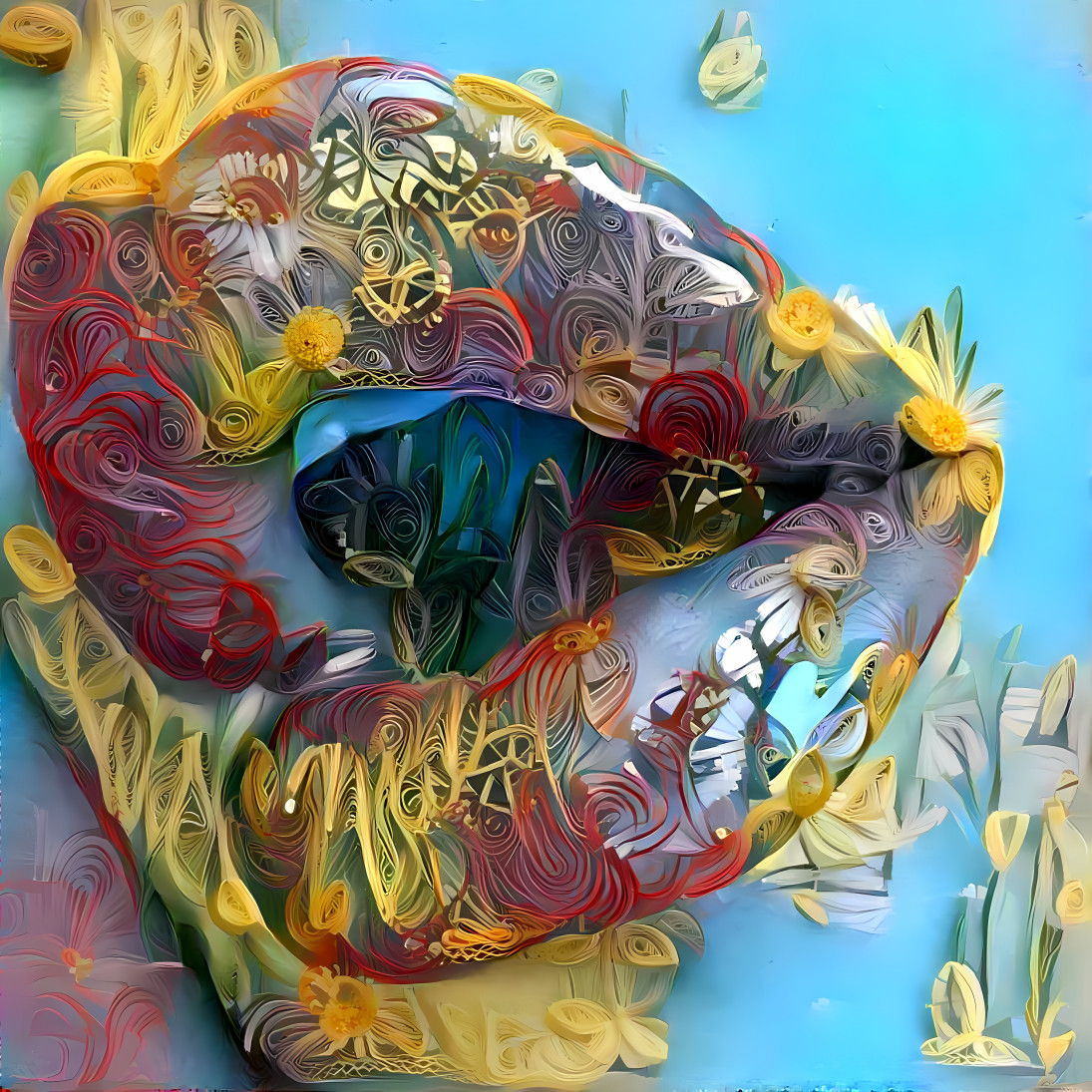 lips, 3d art, blue, yellow, red