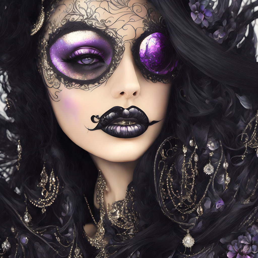 Elaborate dark makeup with intricate mask, purple eyeshadow, gold jewelry, and floral hair