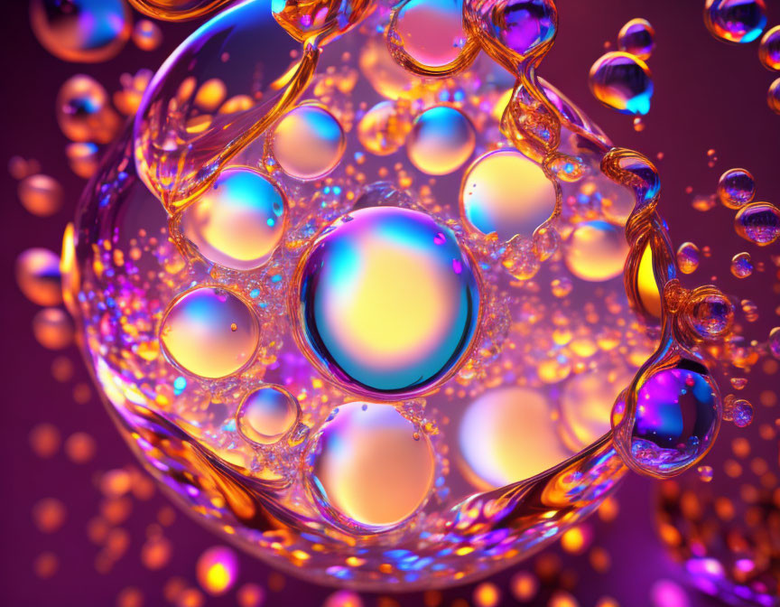 Close-Up Iridescent Bubbles with Colorful Reflections on Purple Background