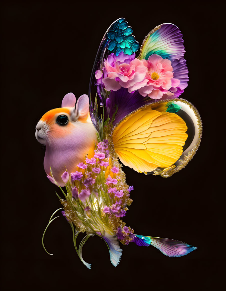 Colorful guinea pig creature with butterfly wings and flowers on dark background