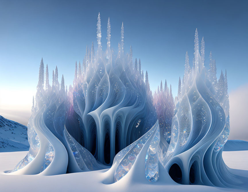 Fantastical ice formation against snowy landscape