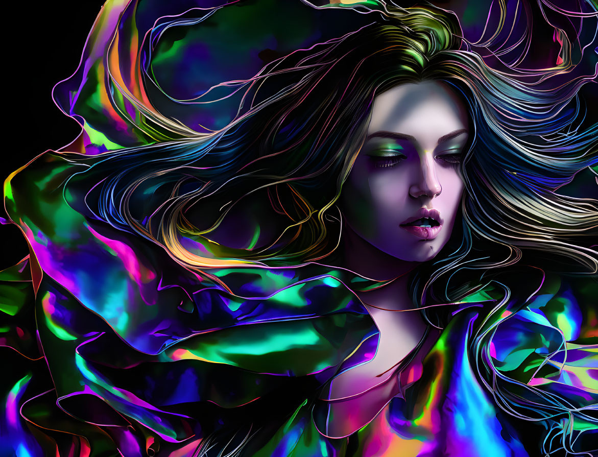 Colorful digital artwork: Woman with flowing neon hair