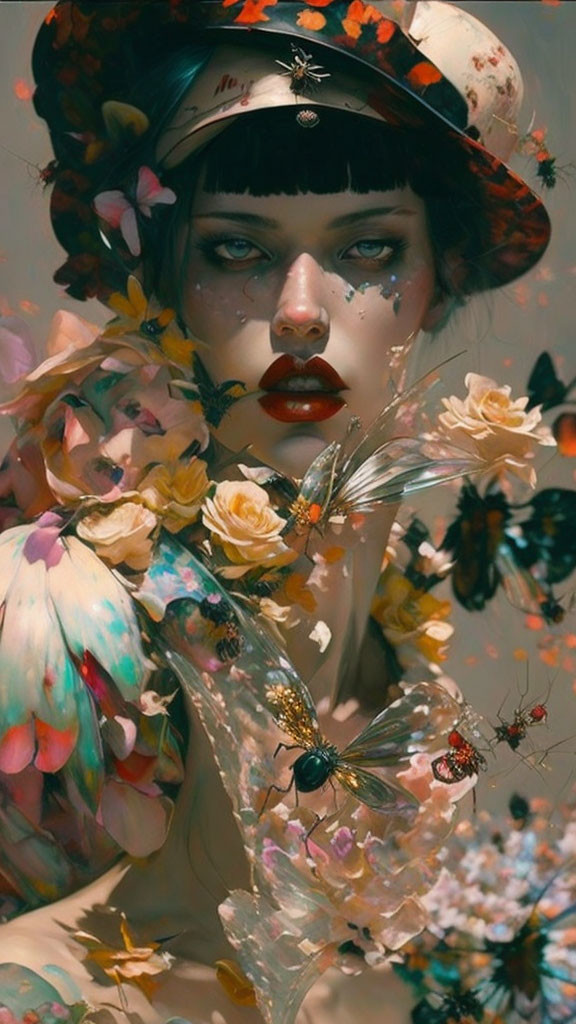 Woman portrait with floral hat, bees, and ethereal vibe