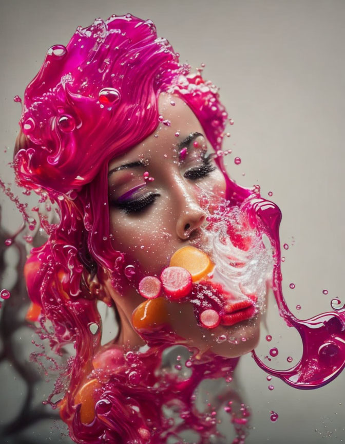 Vibrant pink liquid splashing around woman's face with closed eyes and orange slices on tongue