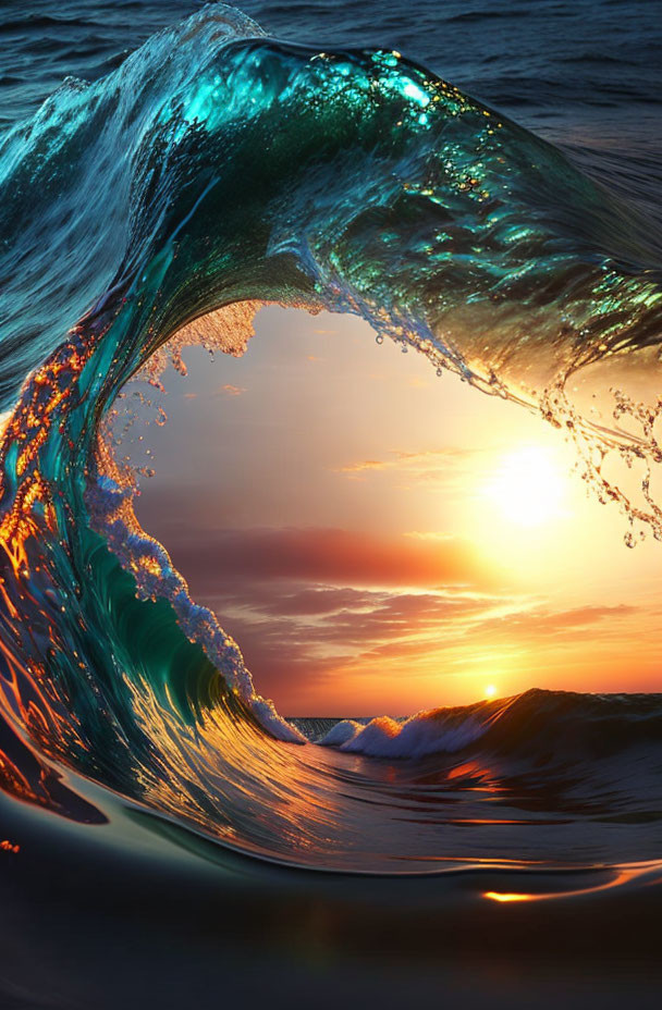 Majestic crystal-clear wave against sunset backdrop