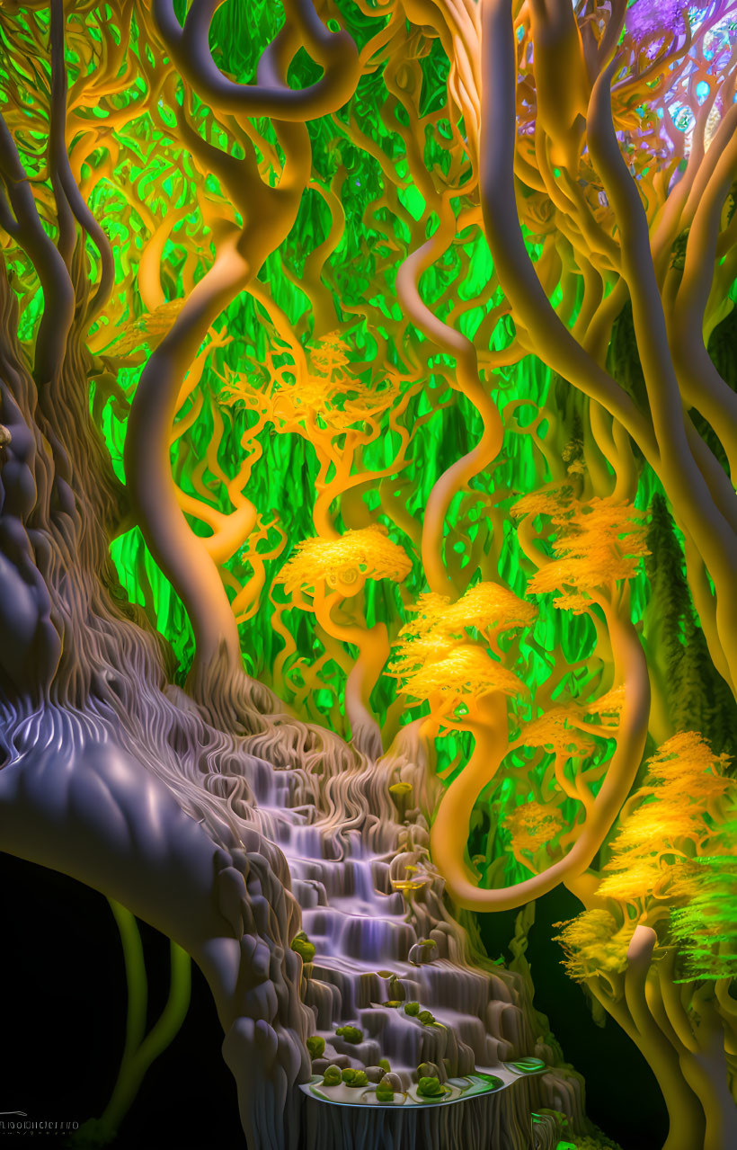 Colorful surreal forest with intricate tree-like structures