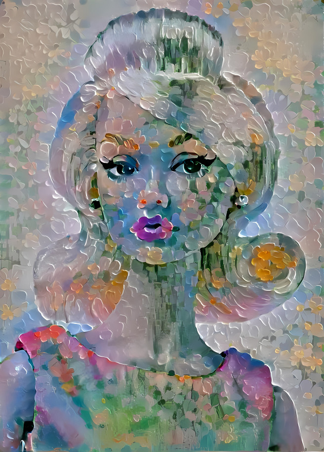 barbie oil painting, white & pastel dabs