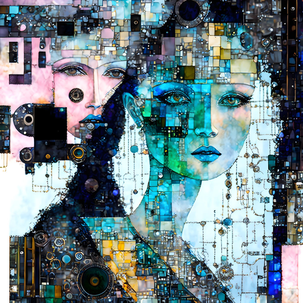 Colorful Digital Mosaic of Three Female Faces with Geometric and Mechanical Elements