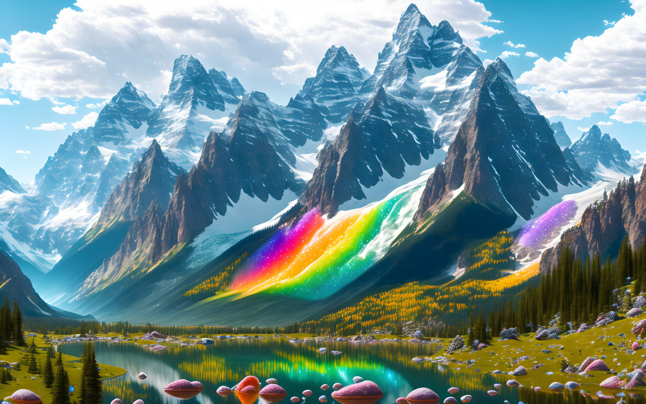 Colorful mountain landscape with rainbow river and serene lake