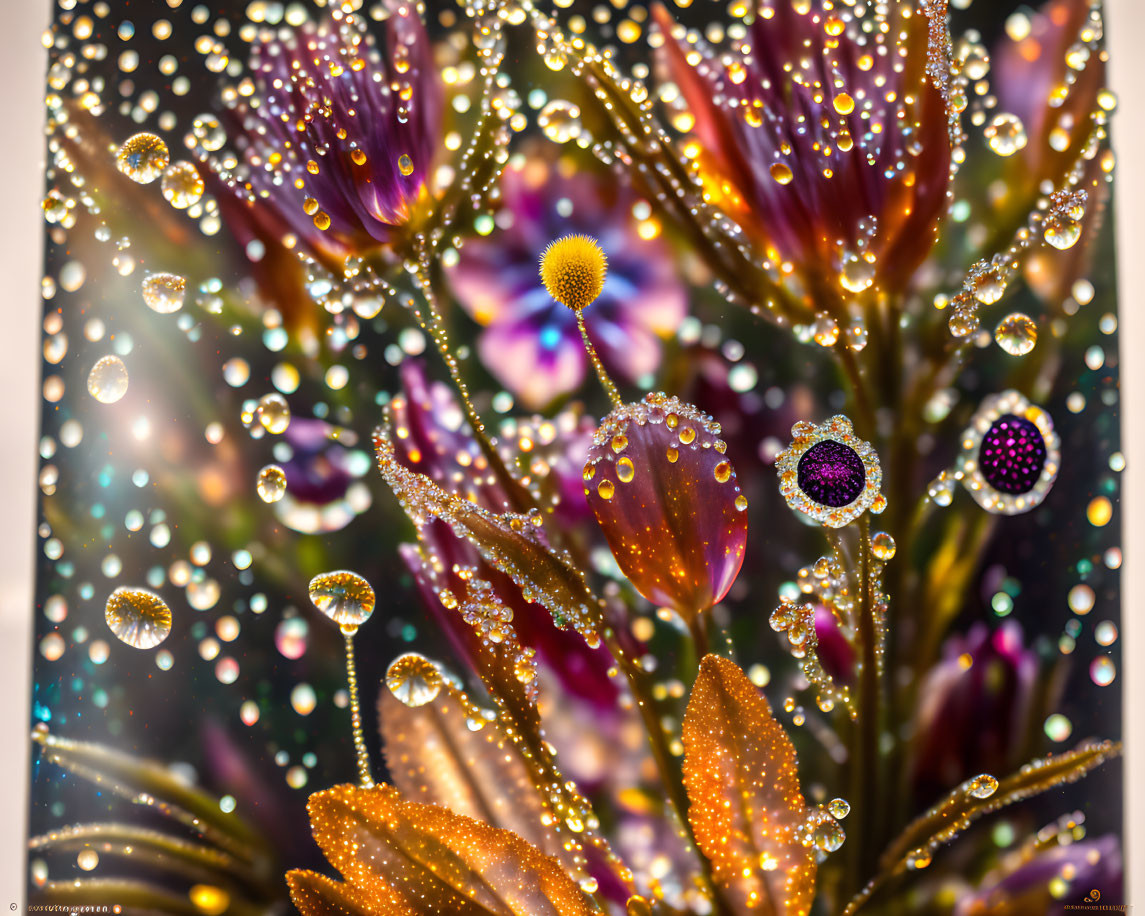 Colorful digital art: stylized flowers, sparkling droplets, dreamy light.