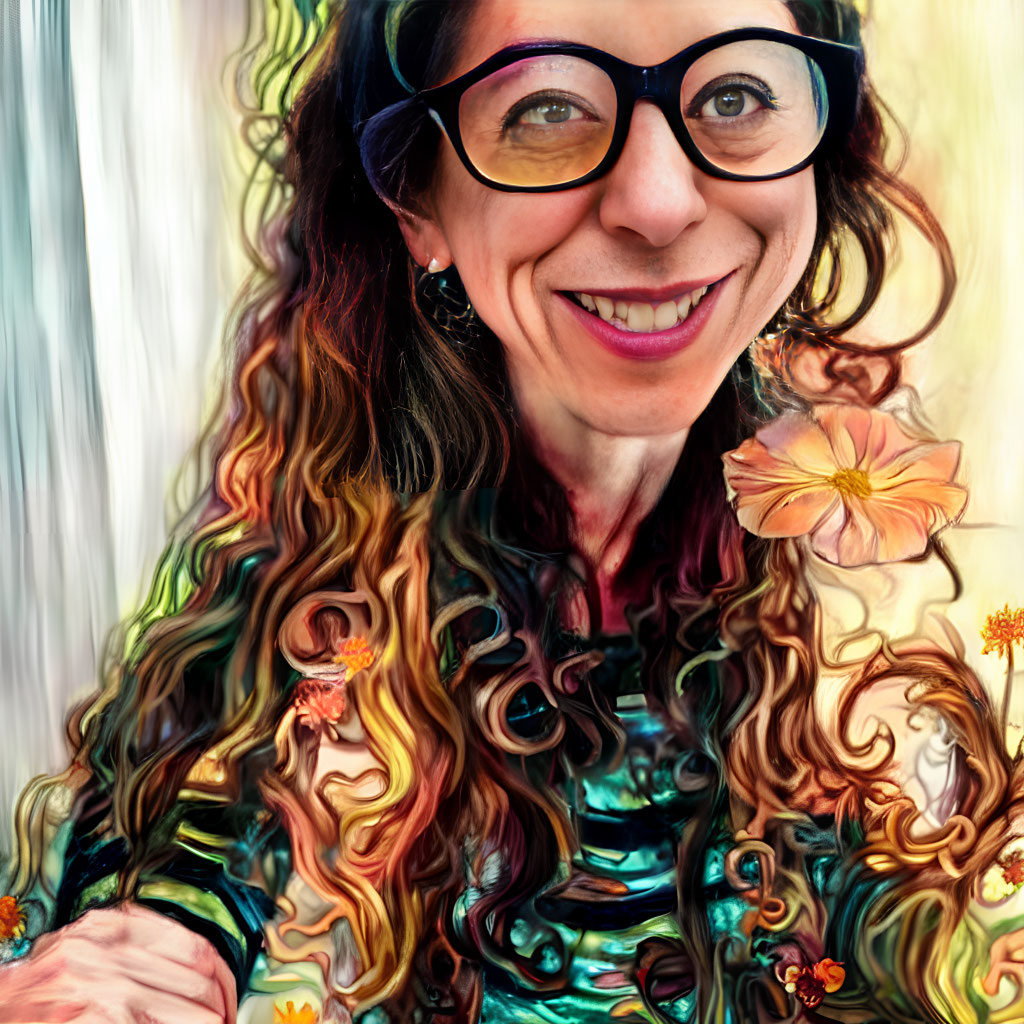 Colorful Portrait of Smiling Woman with Curly Hair and Glasses