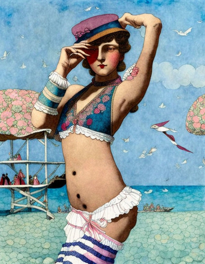 Vintage-style woman in bikini and hat at beach with whimsical backdrop.