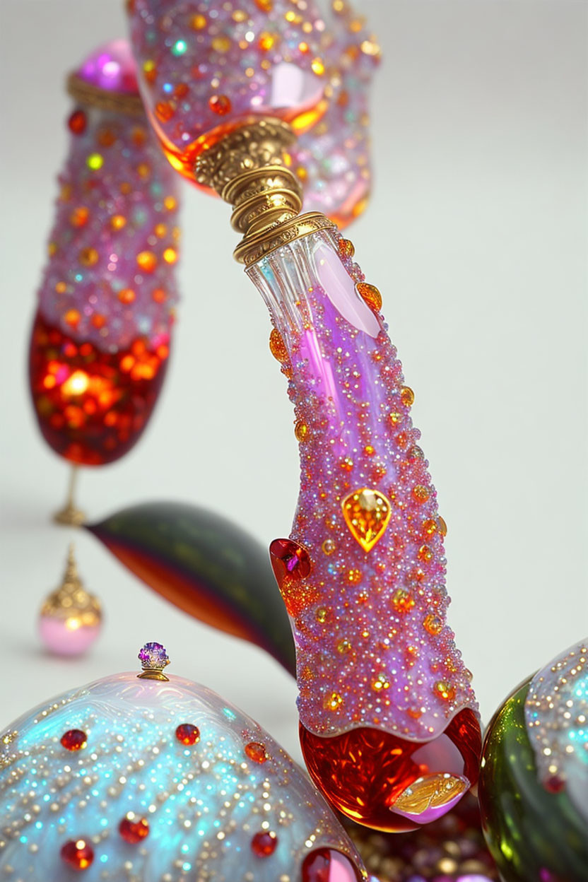 Detailed Close-Up of Jewel-Encrusted Bottles with Vibrant Colors
