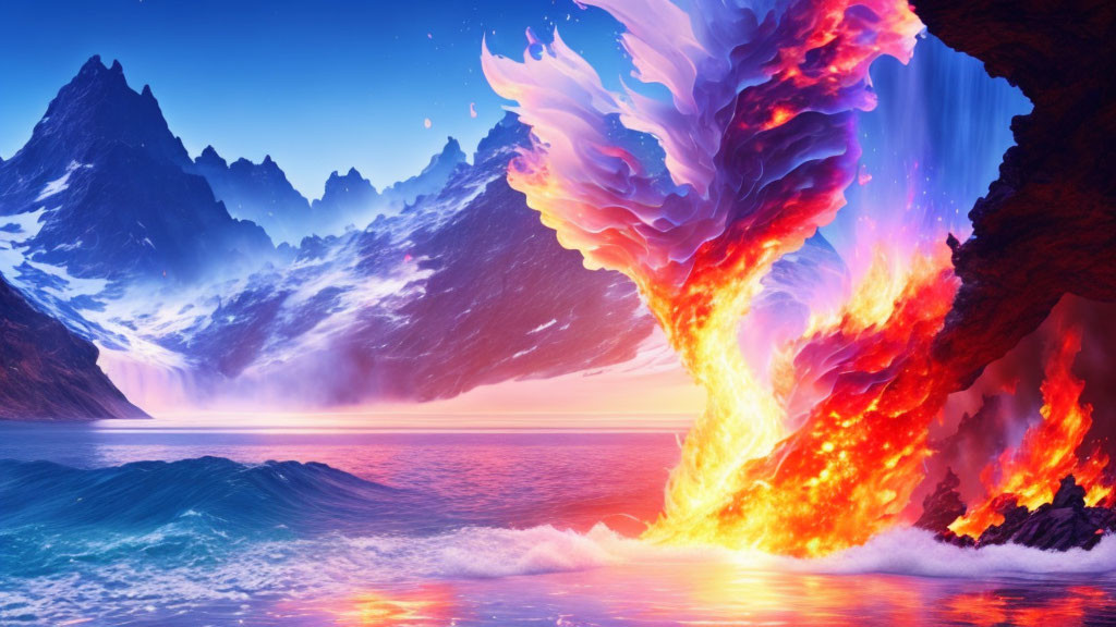 Majestic mountains, lava waterfall, ocean, and sunset in fantastical landscape