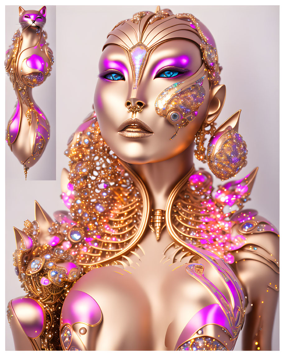 Golden and Pink Embellished Female Android with Intricate Facial Markings