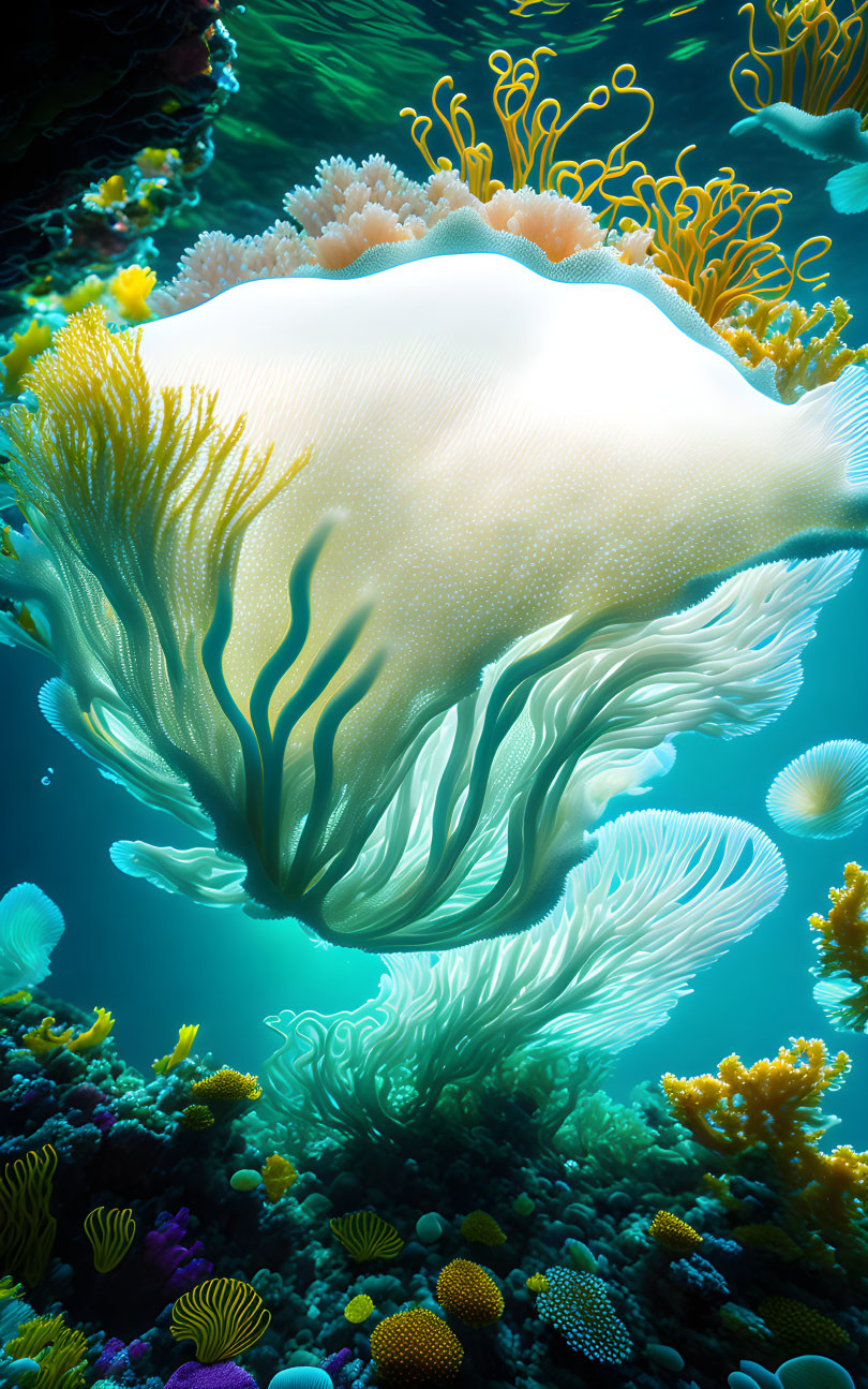 Ethereal jellyfish in vibrant underwater scene