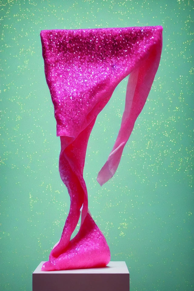 Pink Glitter-Covered Sculpture Twisted Like Cloth on Green Background